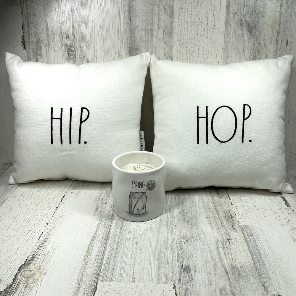 BUNDLE 2 RAE DUNN PILLOWS 12” & CANDLE SPRING BOUQUET EASTER HIP HOP RAP…